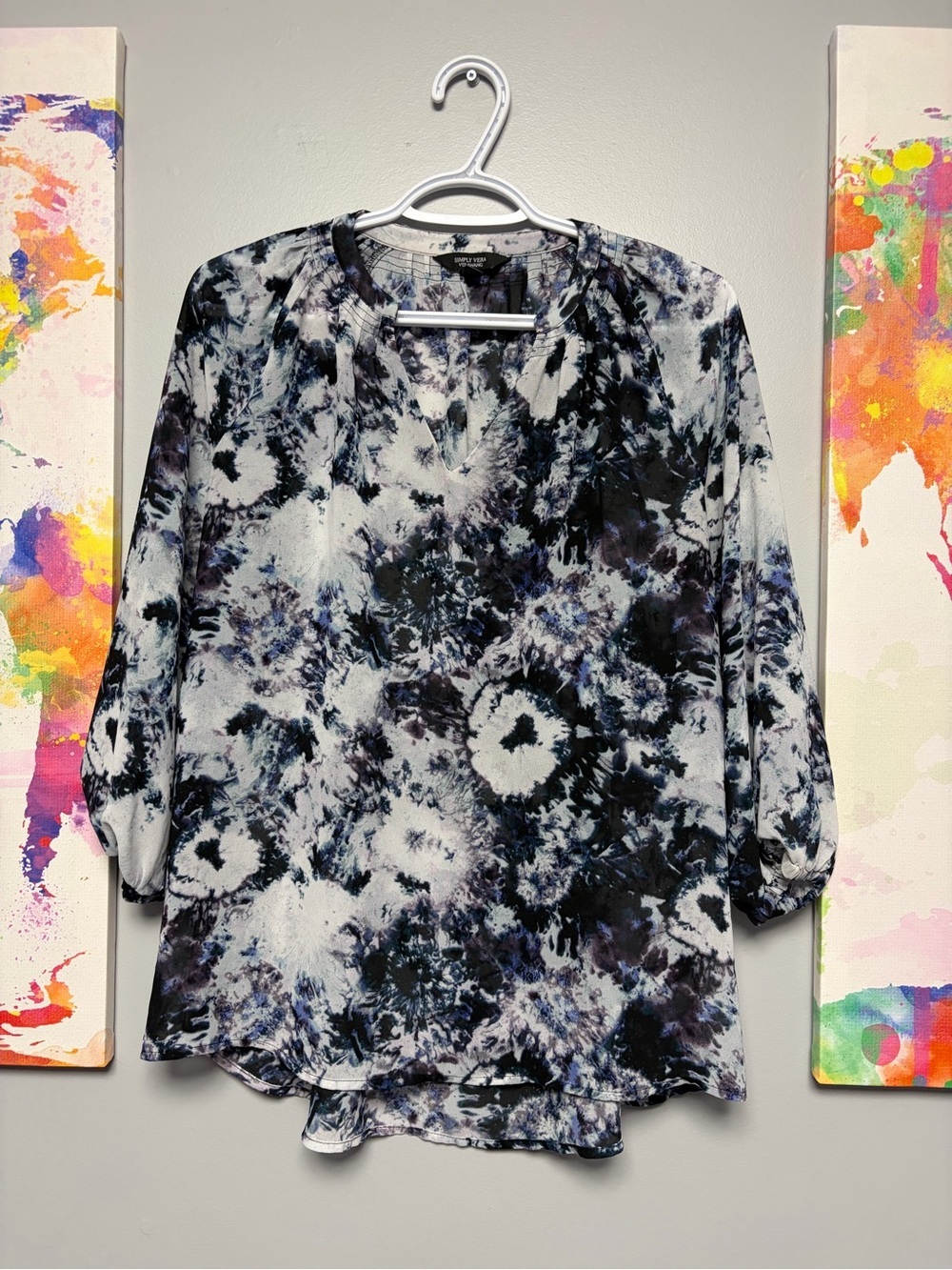 Blue and White Relaxed 3/4 Sleeve Blouse